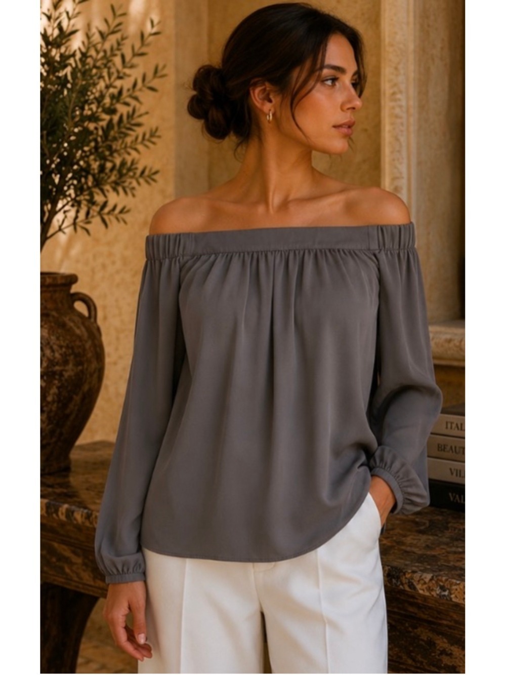 L'Academie Off-Shoulder Blouse, Size XS Grey New with Tags Boho Chic